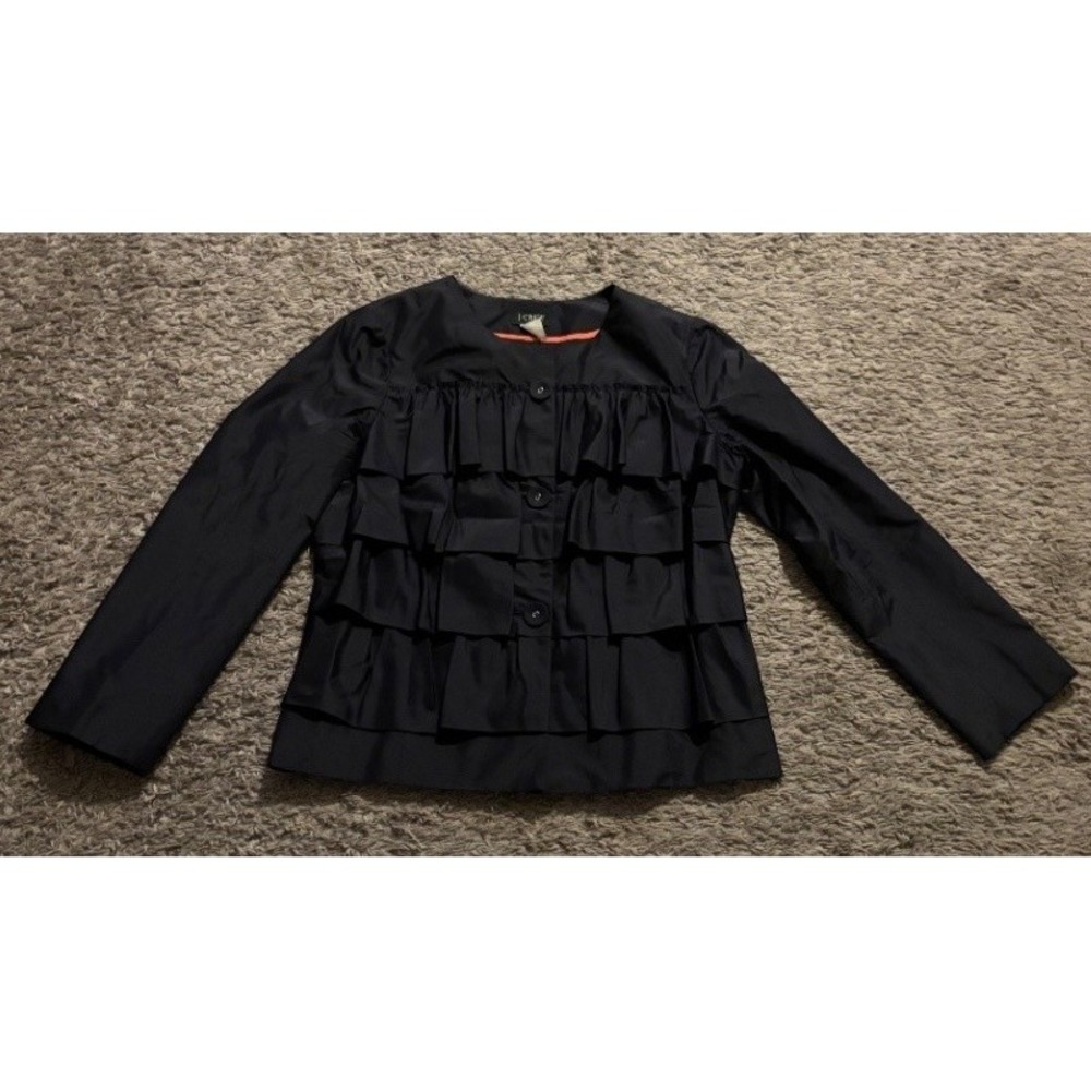 J.Crew Women's Size 8 Black Tiered Ruffle Jacket Long Sleeve Button Front